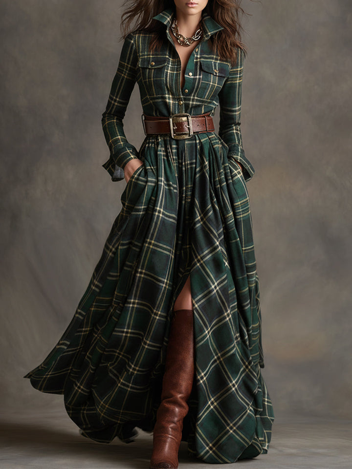 Giulia - Robe longue à carreaux marron-roux de style ethnique rétro avec revers