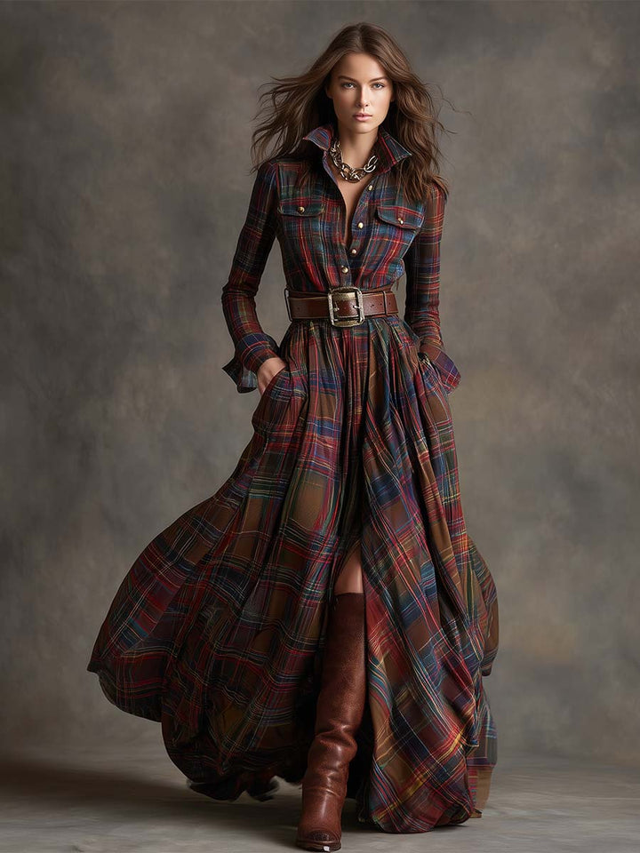 Giulia - Robe longue à carreaux marron-roux de style ethnique rétro avec revers