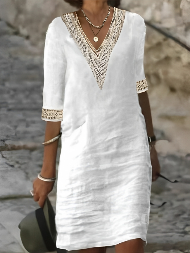 Robe d'été à col en V et détails en crochet pour femmes - Minty
