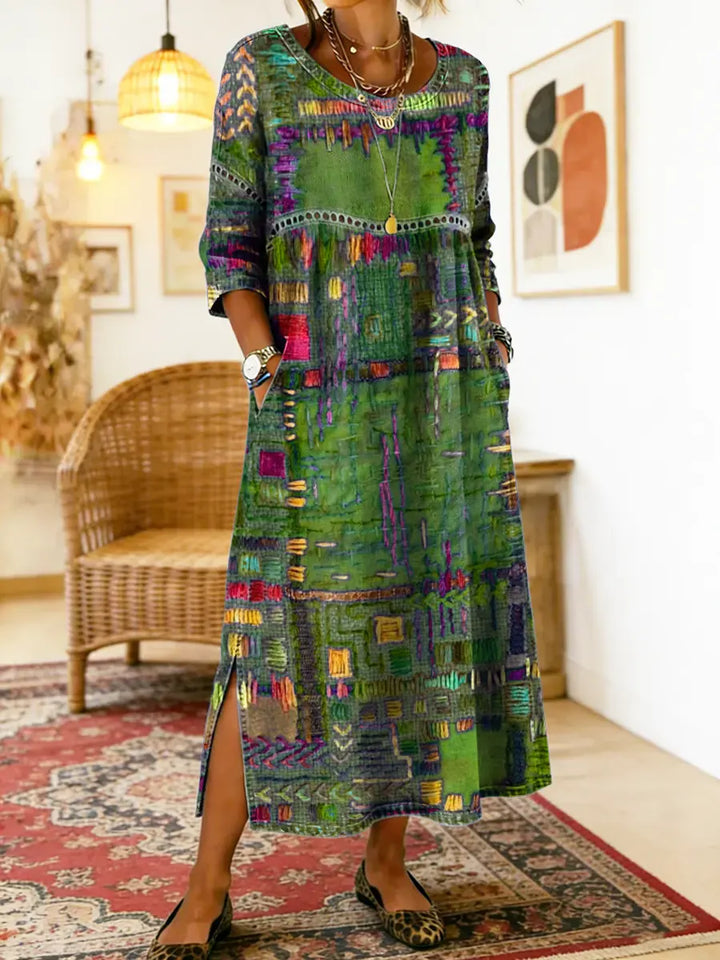 Hélène | Robe en Denim avec Patchwork Ethnique