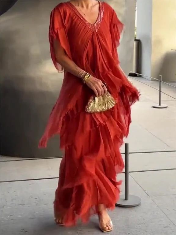 Blaise | Robe Maxi à Manches Courtes Volantes et Décolleté en V