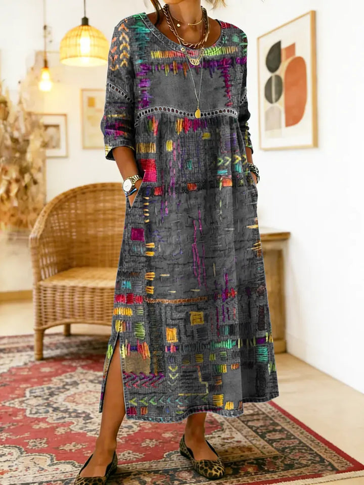 Hélène | Robe en Denim avec Patchwork Ethnique