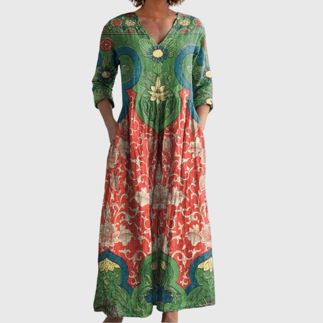 Aileen – Robe Maxi Florale Vintage avec Silhouette Féminine