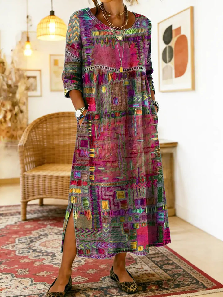 Hélène | Robe en Denim avec Patchwork Ethnique