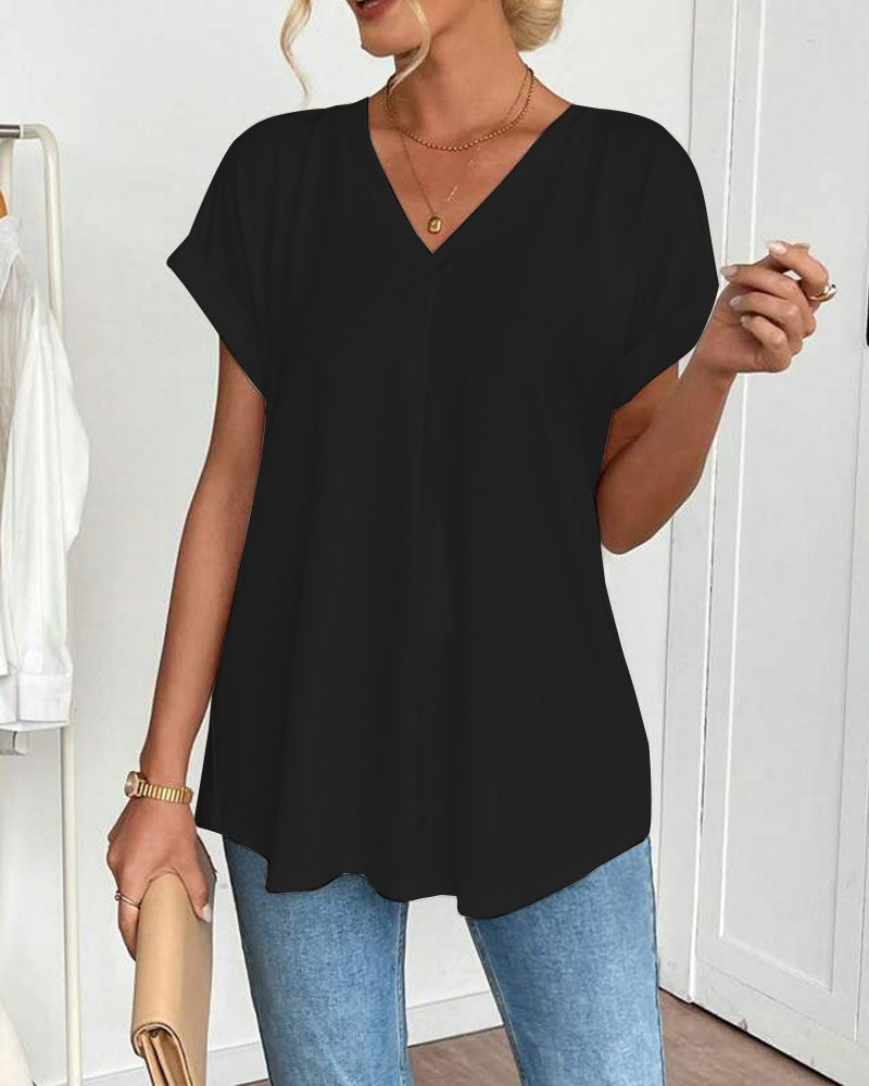 T-shirt à Manches Courtes Couleur Unie Patchwork