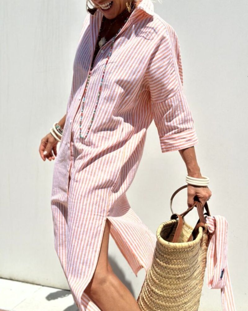 Daphne | Robe Chemise Midi à Rayures avec Boutonnage Avant pour Femmes