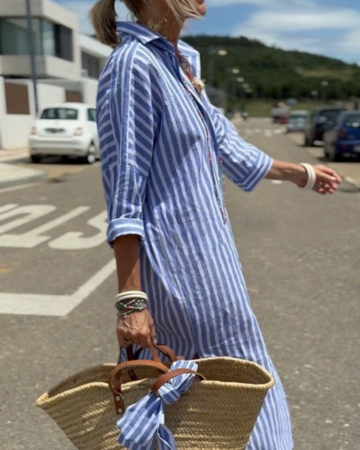 Daphne | Robe Chemise Midi à Rayures avec Boutonnage Avant pour Femmes