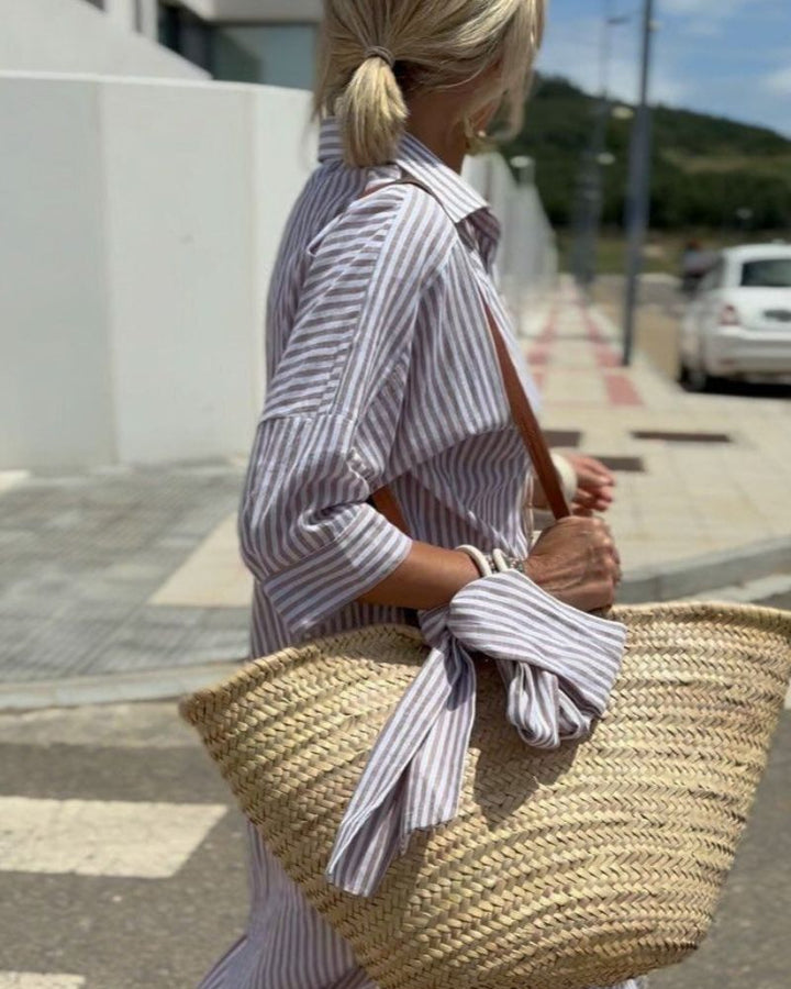 Daphne | Robe Chemise Midi à Rayures avec Boutonnage Avant pour Femmes