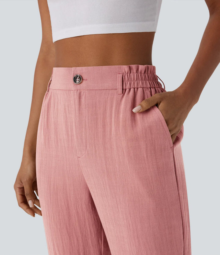 Pantalon capri effet lin taille haute avec poches zippées
