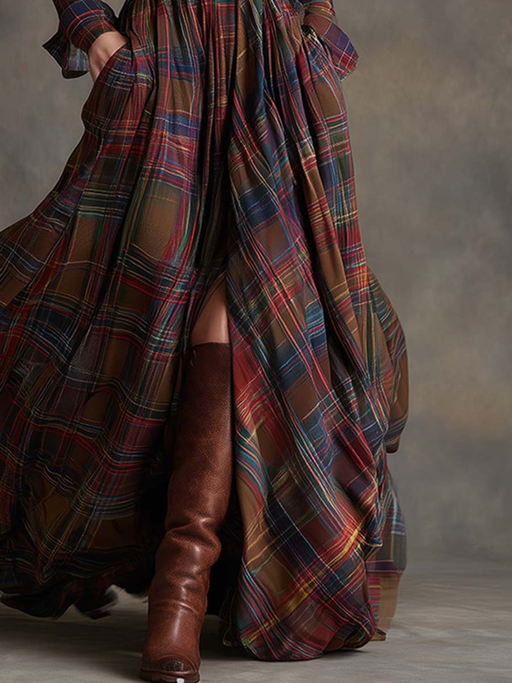 Giulia - Robe longue à carreaux marron-roux de style ethnique rétro avec revers