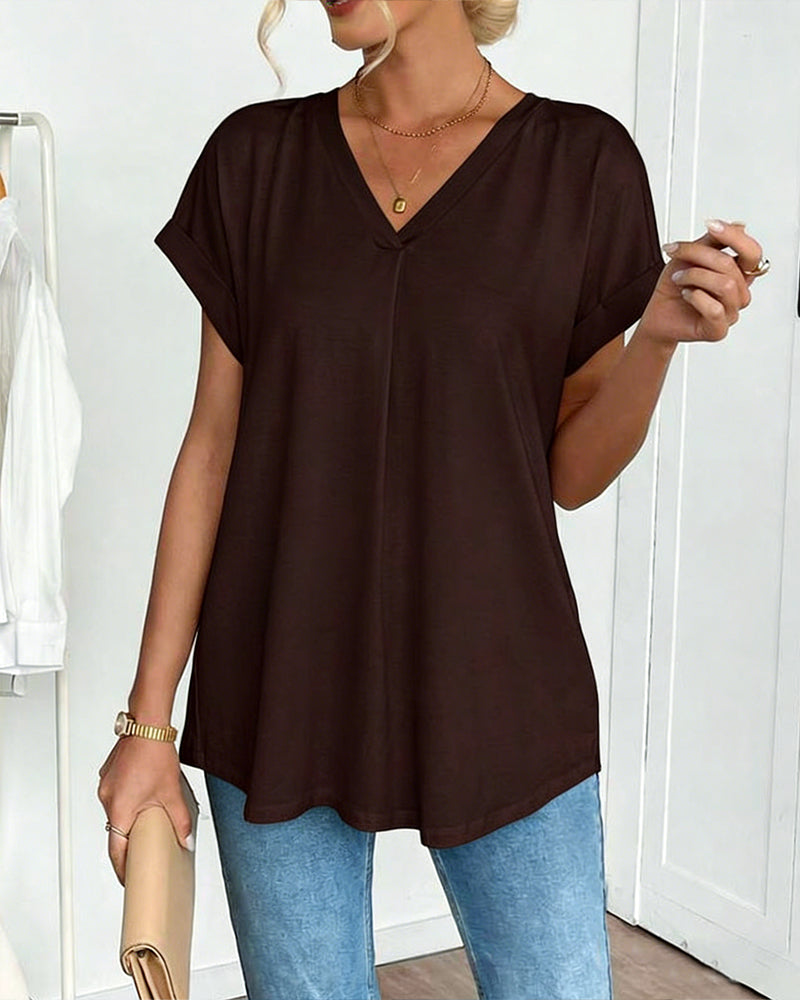 T-shirt à Manches Courtes Couleur Unie Patchwork