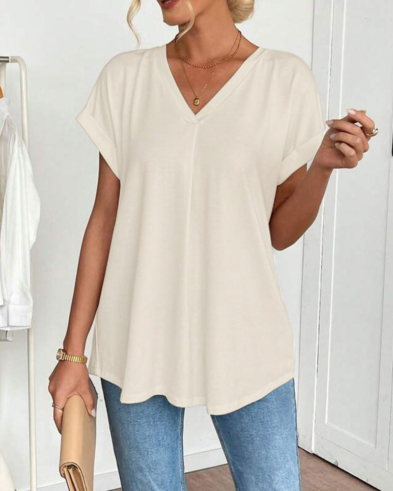 T-shirt à Manches Courtes Couleur Unie Patchwork