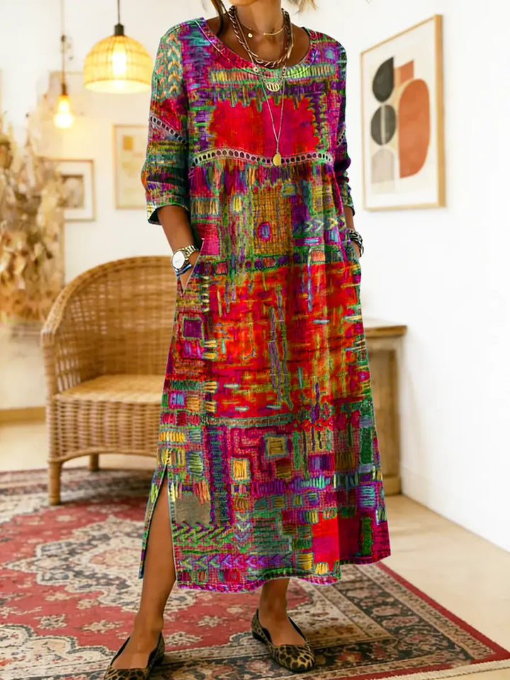 Hélène | Robe en Denim avec Patchwork Ethnique