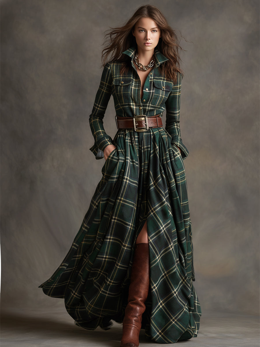 Giulia - Robe longue à carreaux marron-roux de style ethnique rétro avec revers