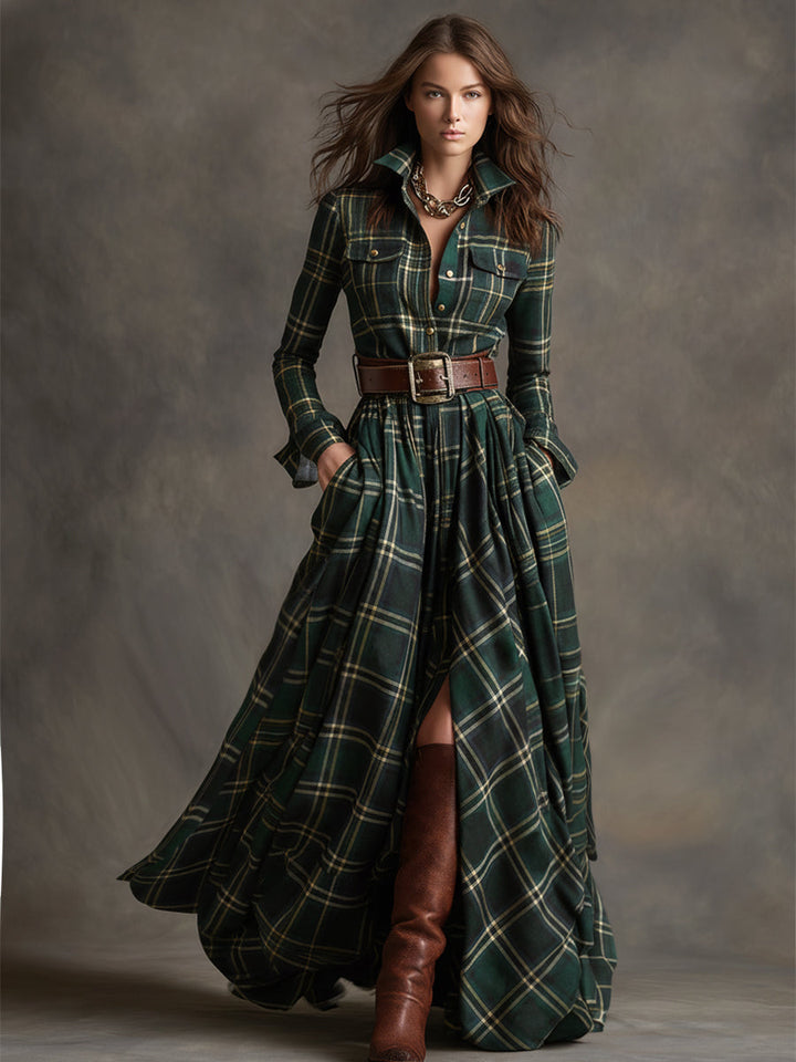 Giulia - Robe longue à carreaux marron-roux de style ethnique rétro avec revers