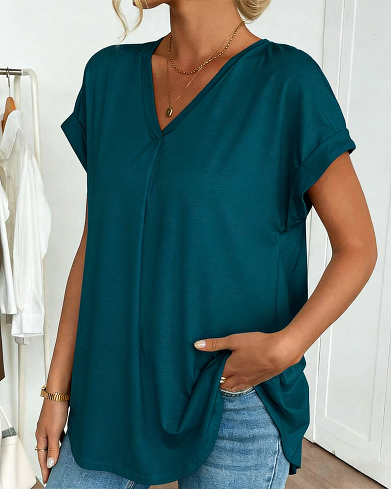 T-shirt à Manches Courtes Couleur Unie Patchwork