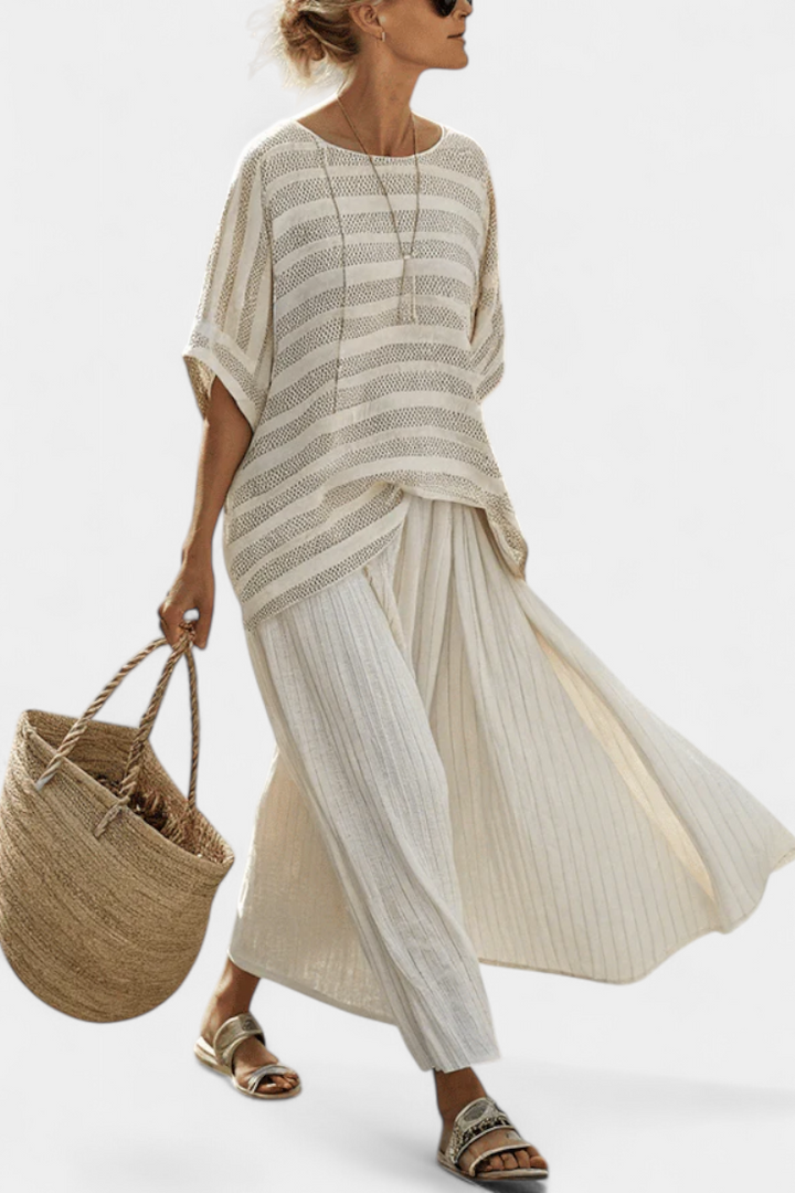 Graziella — Haut à rayures en bambou naturel et pantalons en lin fluides