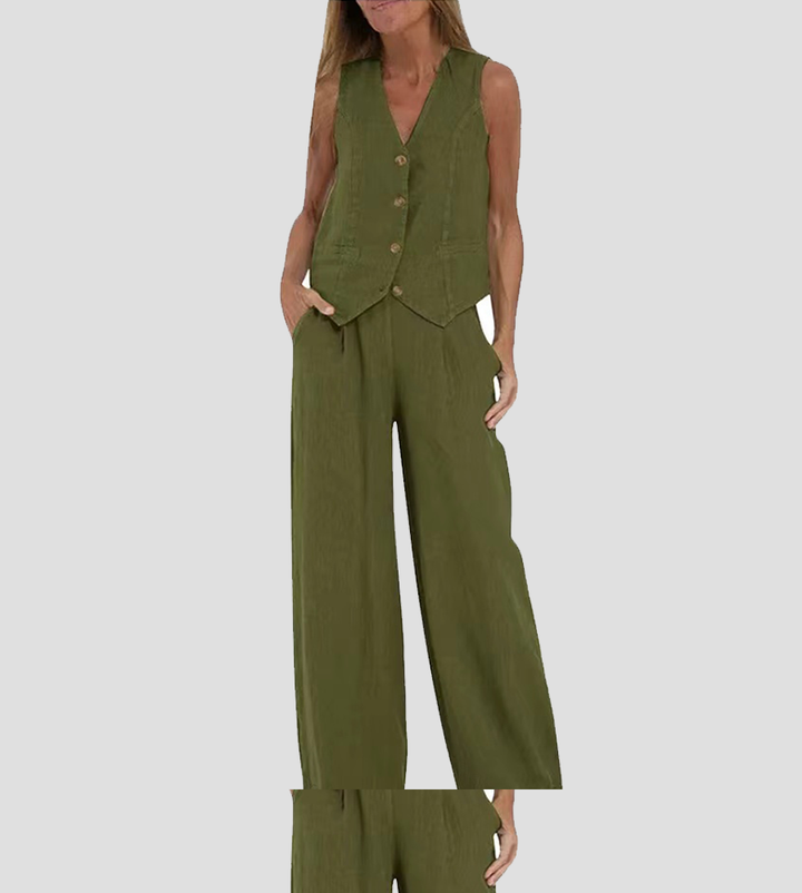 Aira – Ensemble élégant de deux pièces avec gilet et pantalon à jambes larges