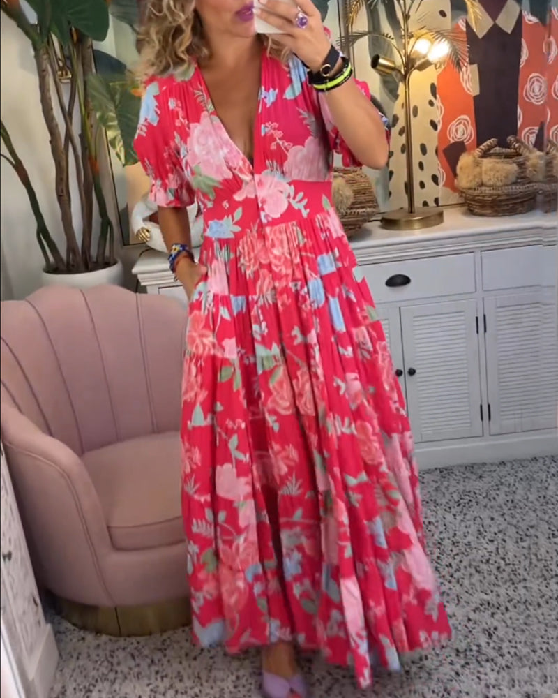 Robe à poche col V imprimé fleuri