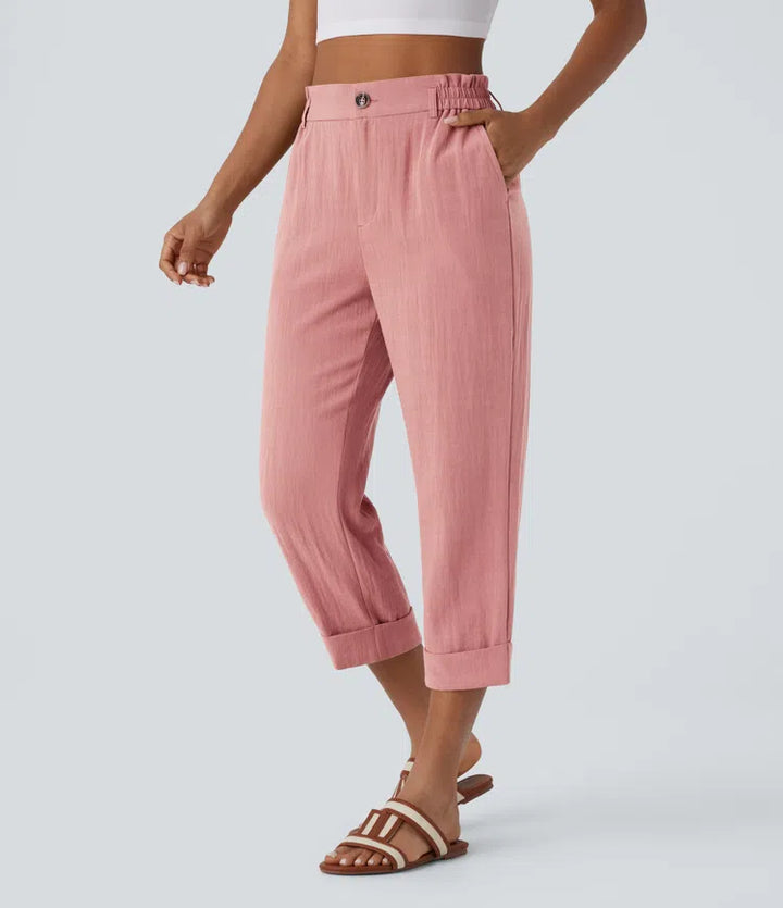 Pantalon capri effet lin taille haute avec poches zippées