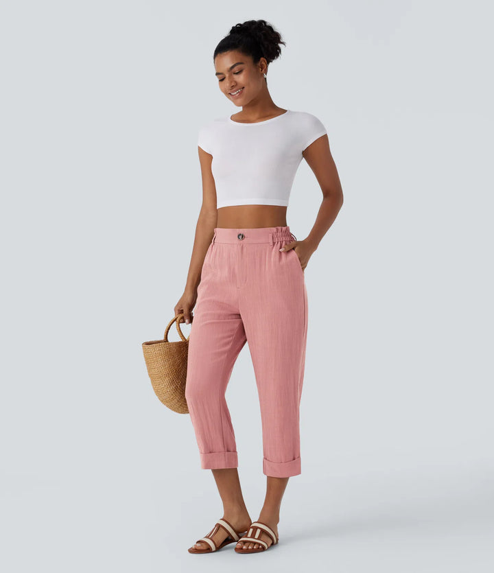 Pantalon capri effet lin taille haute avec poches zippées