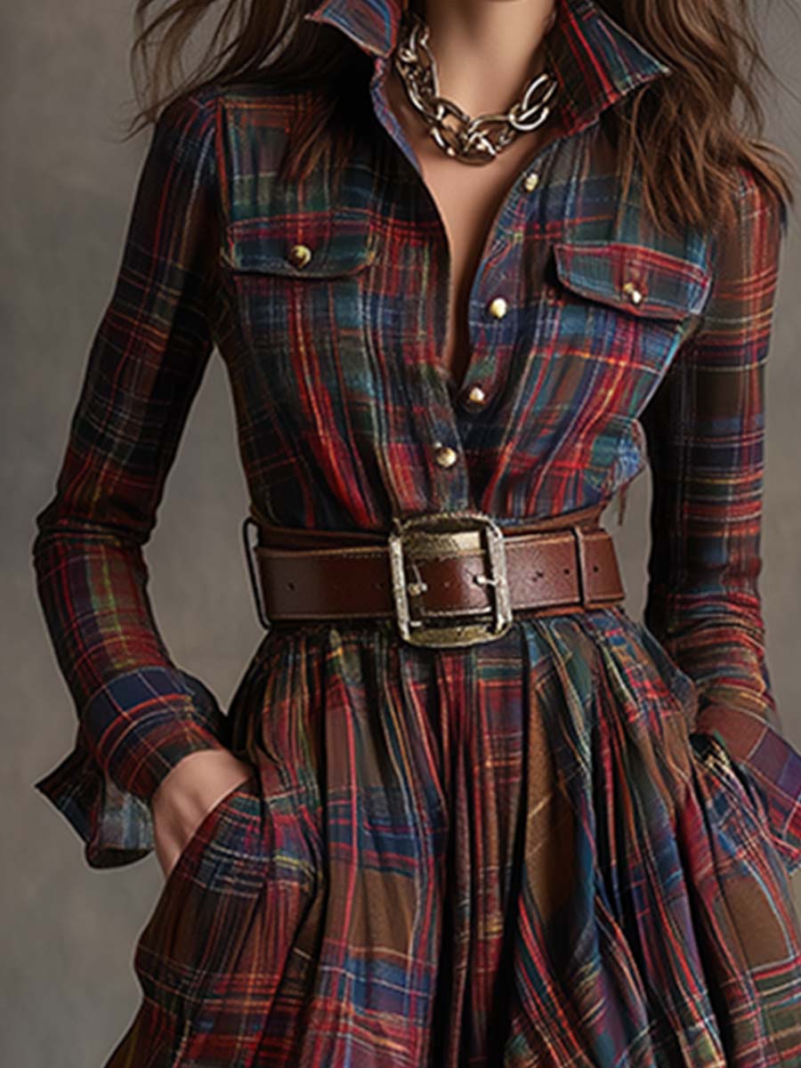 Giulia - Robe longue à carreaux marron-roux de style ethnique rétro avec revers