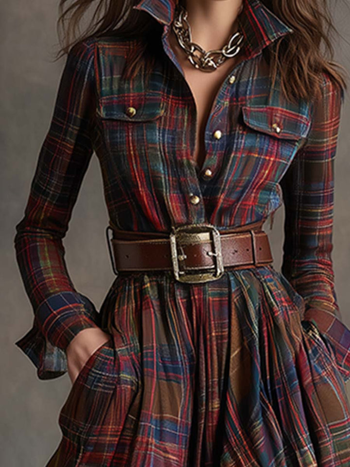 Giulia - Robe longue à carreaux marron-roux de style ethnique rétro avec revers