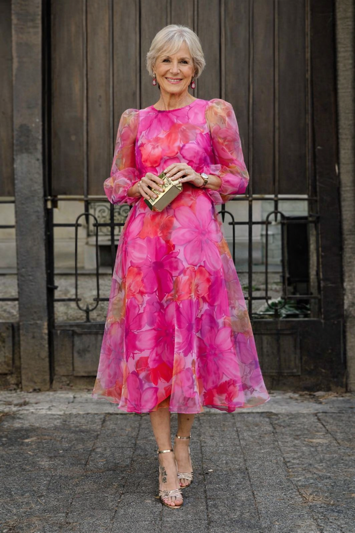 Robe pour Invitée de Mariage, Robe Midi à Imprimé Floral pour Femme, Rose & Bleu