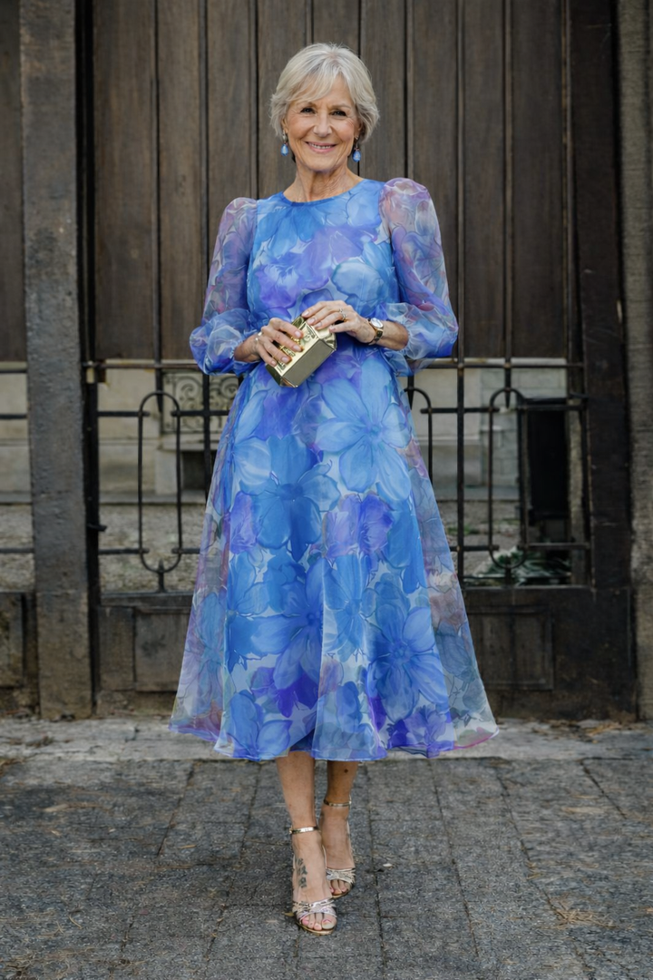 Robe pour Invitée de Mariage, Robe Midi à Imprimé Floral pour Femme, Rose & Bleu