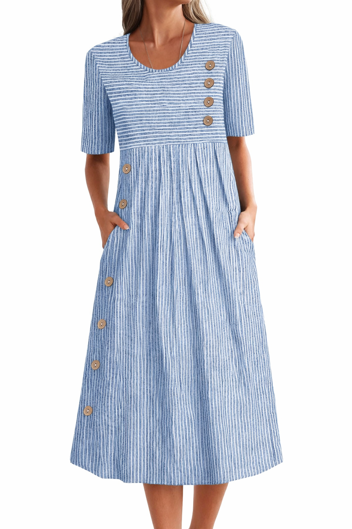 Robe Midi Rayée avec Boutons – Élégance Décontractée pour Tous les Jours