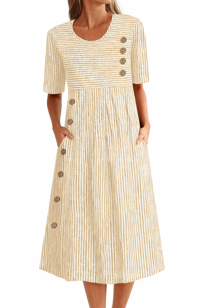 Robe Midi Rayée avec Boutons – Élégance Décontractée pour Tous les Jours