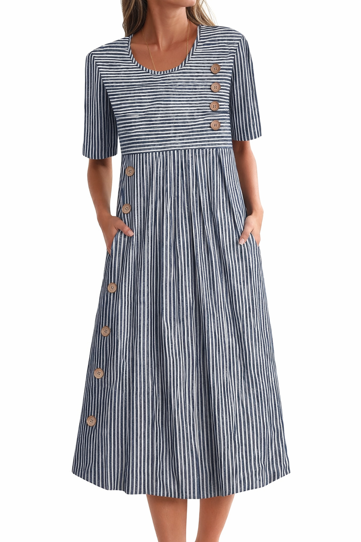 Robe Midi Rayée avec Boutons – Élégance Décontractée pour Tous les Jours