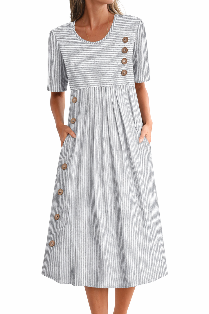 Robe Midi Rayée avec Boutons – Élégance Décontractée pour Tous les Jours
