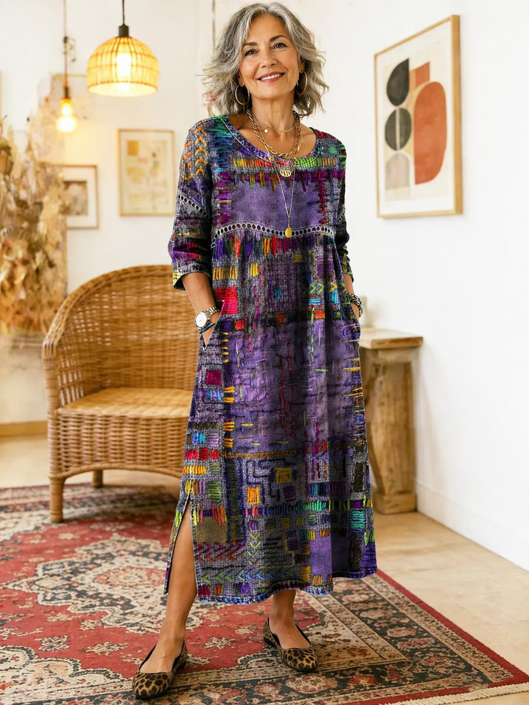 Hélène | Robe en Denim avec Patchwork Ethnique
