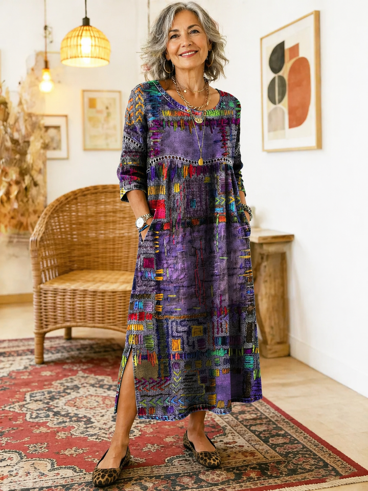 Hélène | Robe en Denim avec Patchwork Ethnique
