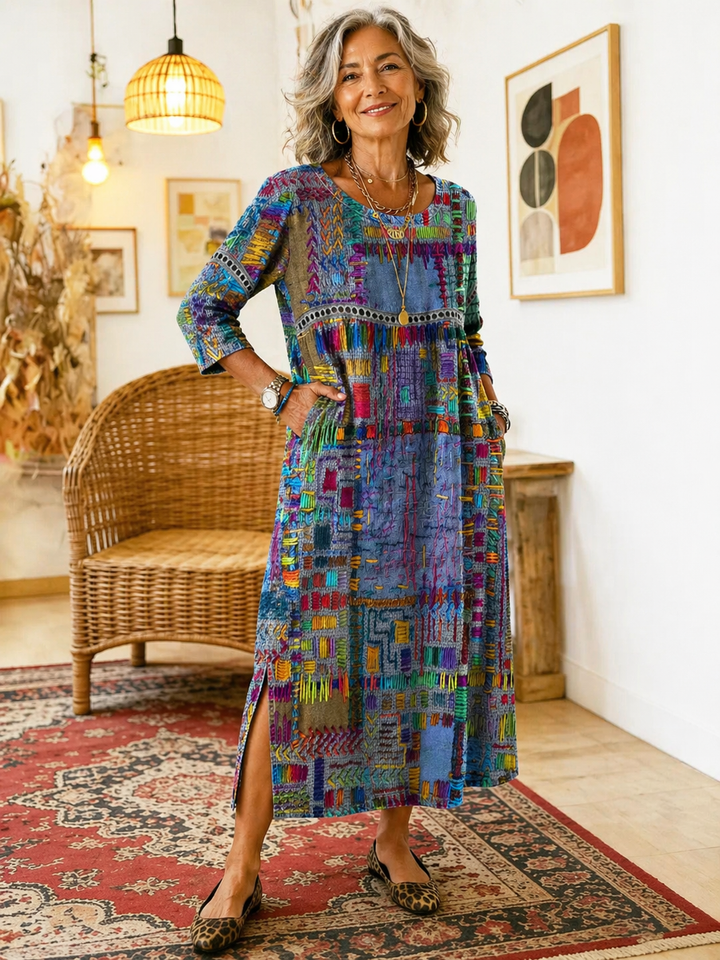 Hélène | Robe en Denim avec Patchwork Ethnique
