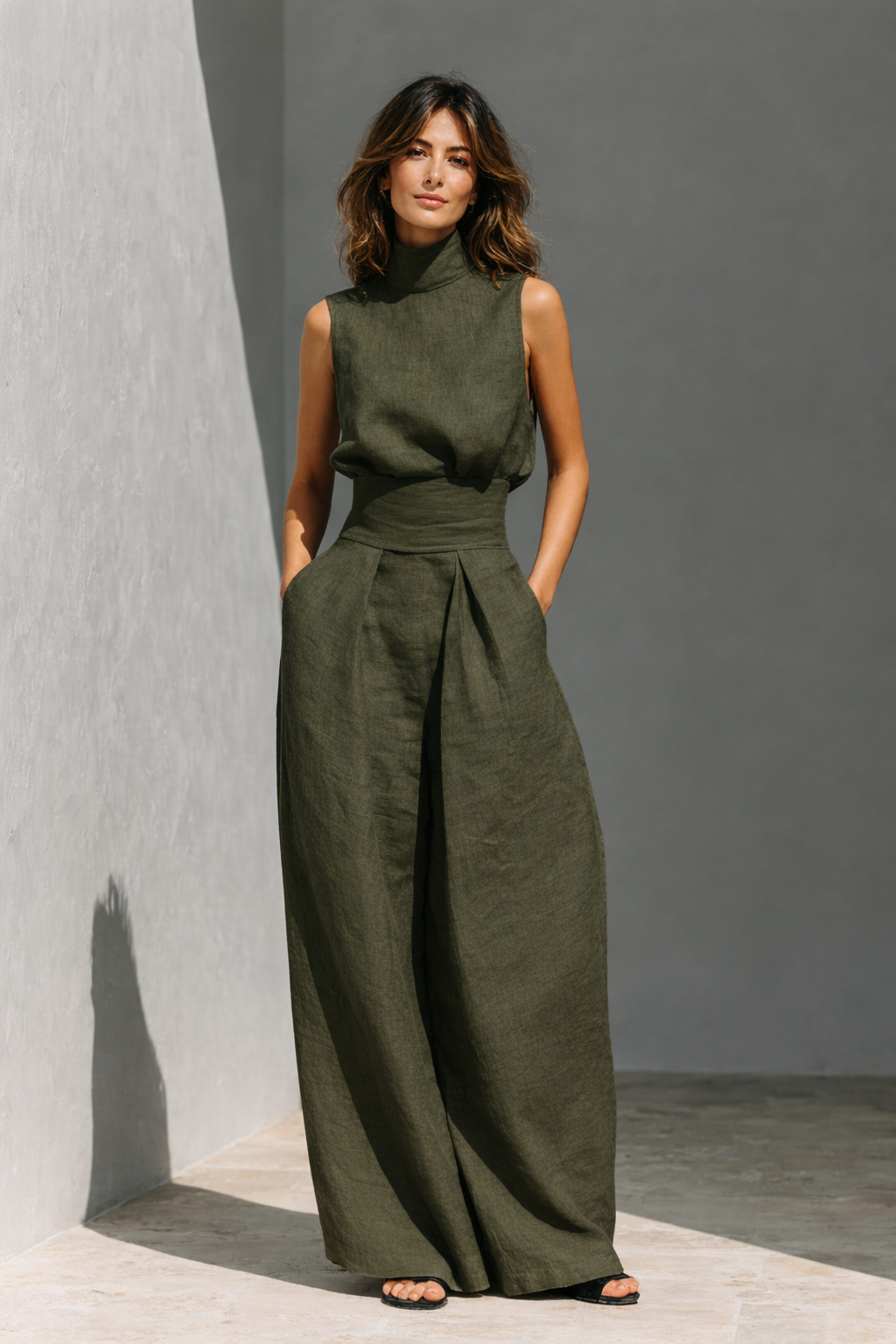 Claudia - Ensemble débardeur et pantalon large en coton et lin minimaliste pour femme