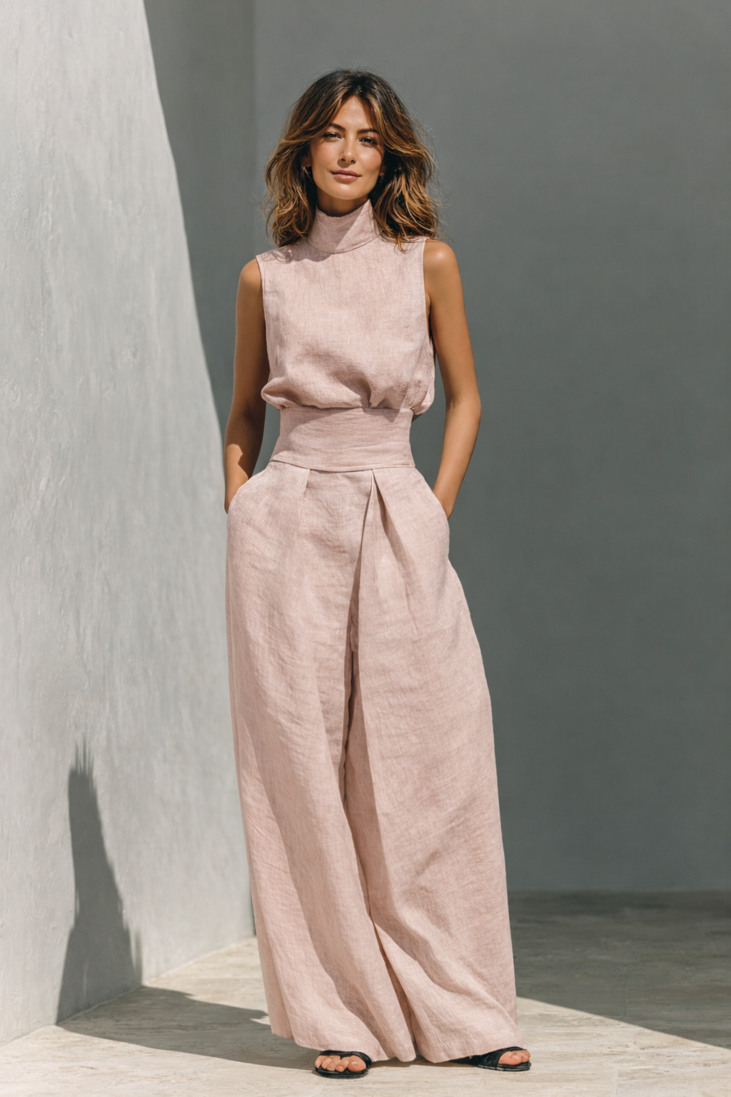 Claudia - Ensemble débardeur et pantalon large en coton et lin minimaliste pour femme