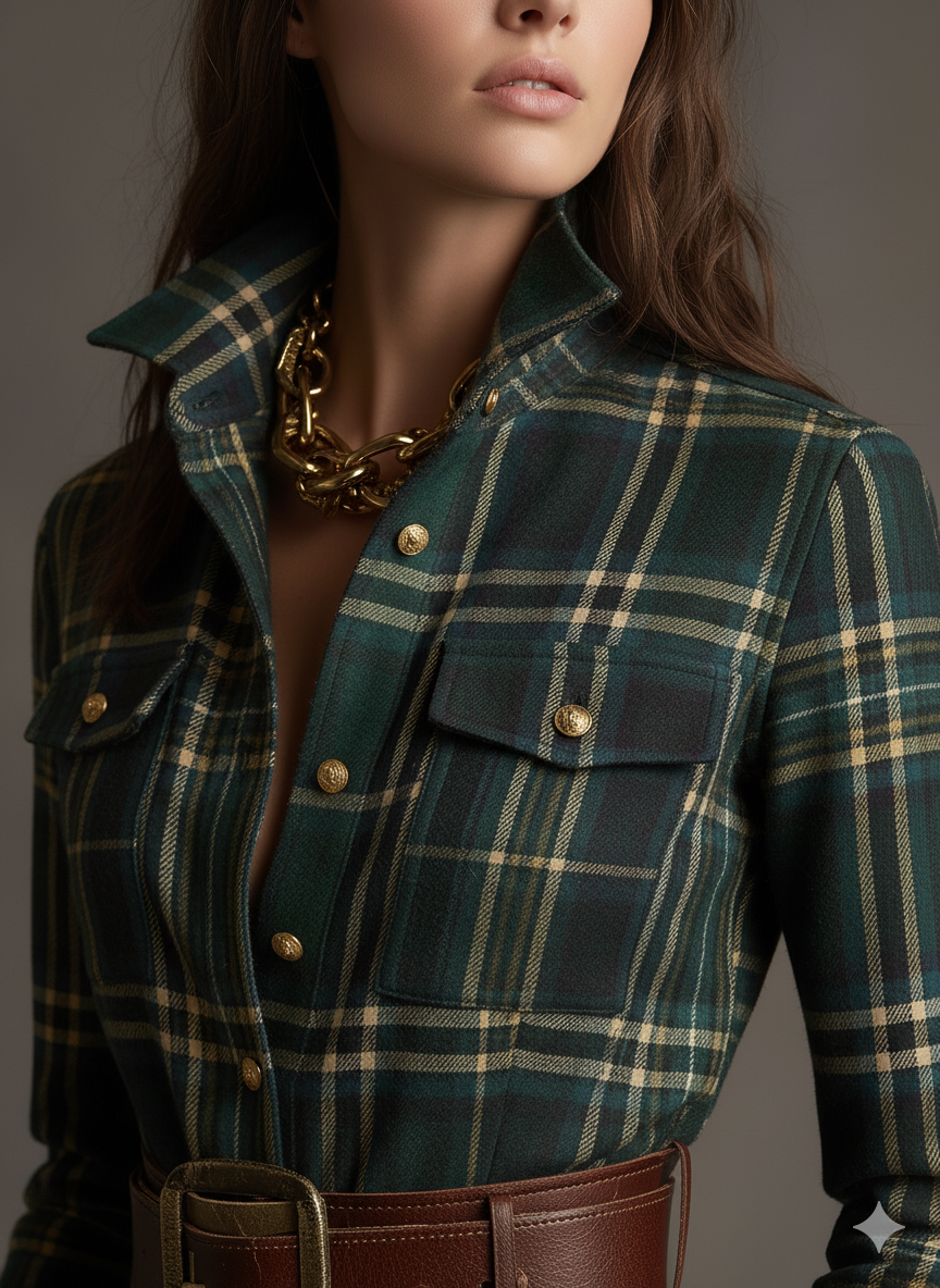 Giulia - Robe longue à carreaux marron-roux de style ethnique rétro avec revers