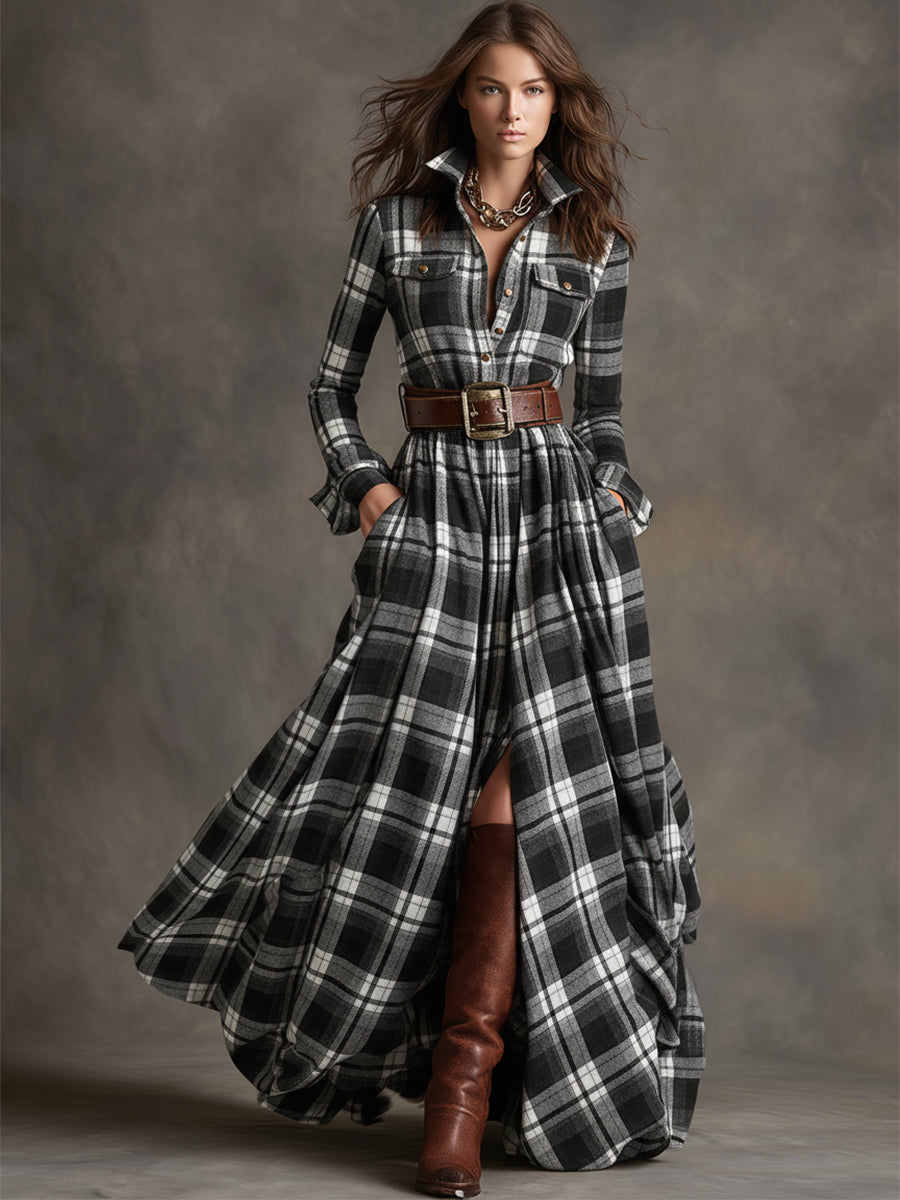 Giulia - Robe longue à carreaux marron-roux de style ethnique rétro avec revers