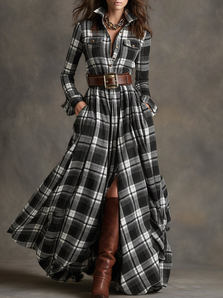 Giulia - Robe longue à carreaux marron-roux de style ethnique rétro avec revers