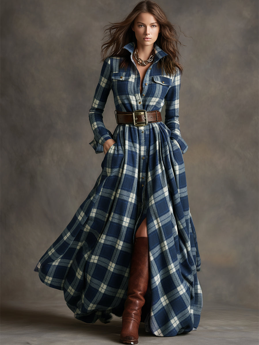 Giulia - Robe longue à carreaux marron-roux de style ethnique rétro avec revers