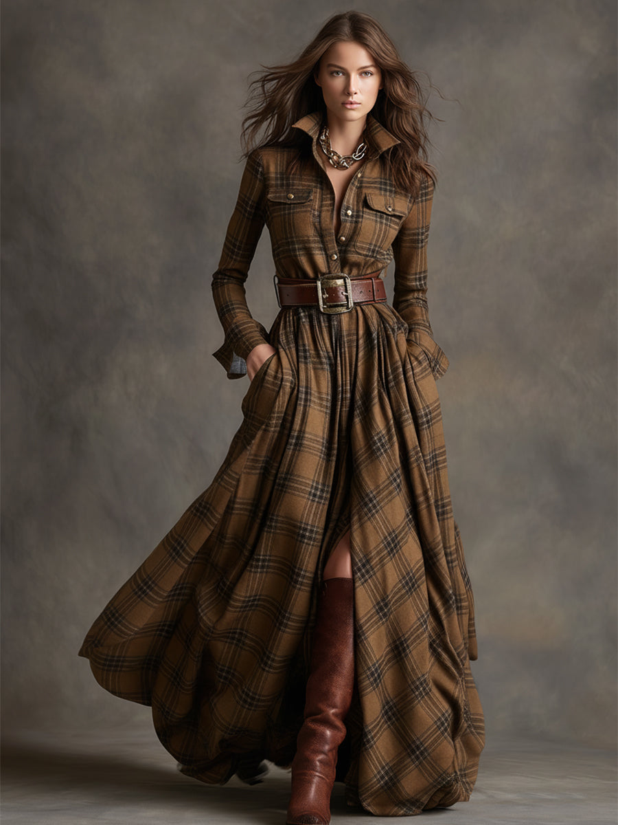 Giulia - Robe longue à carreaux marron-roux de style ethnique rétro avec revers