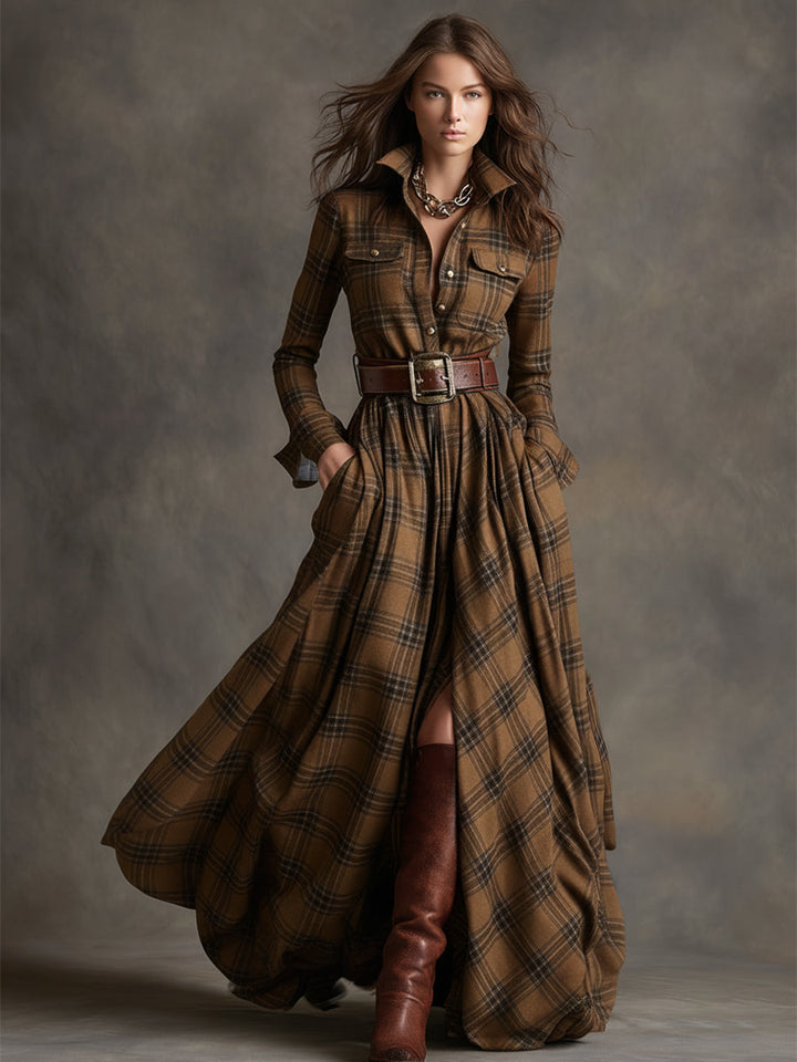 Giulia - Robe longue à carreaux marron-roux de style ethnique rétro avec revers