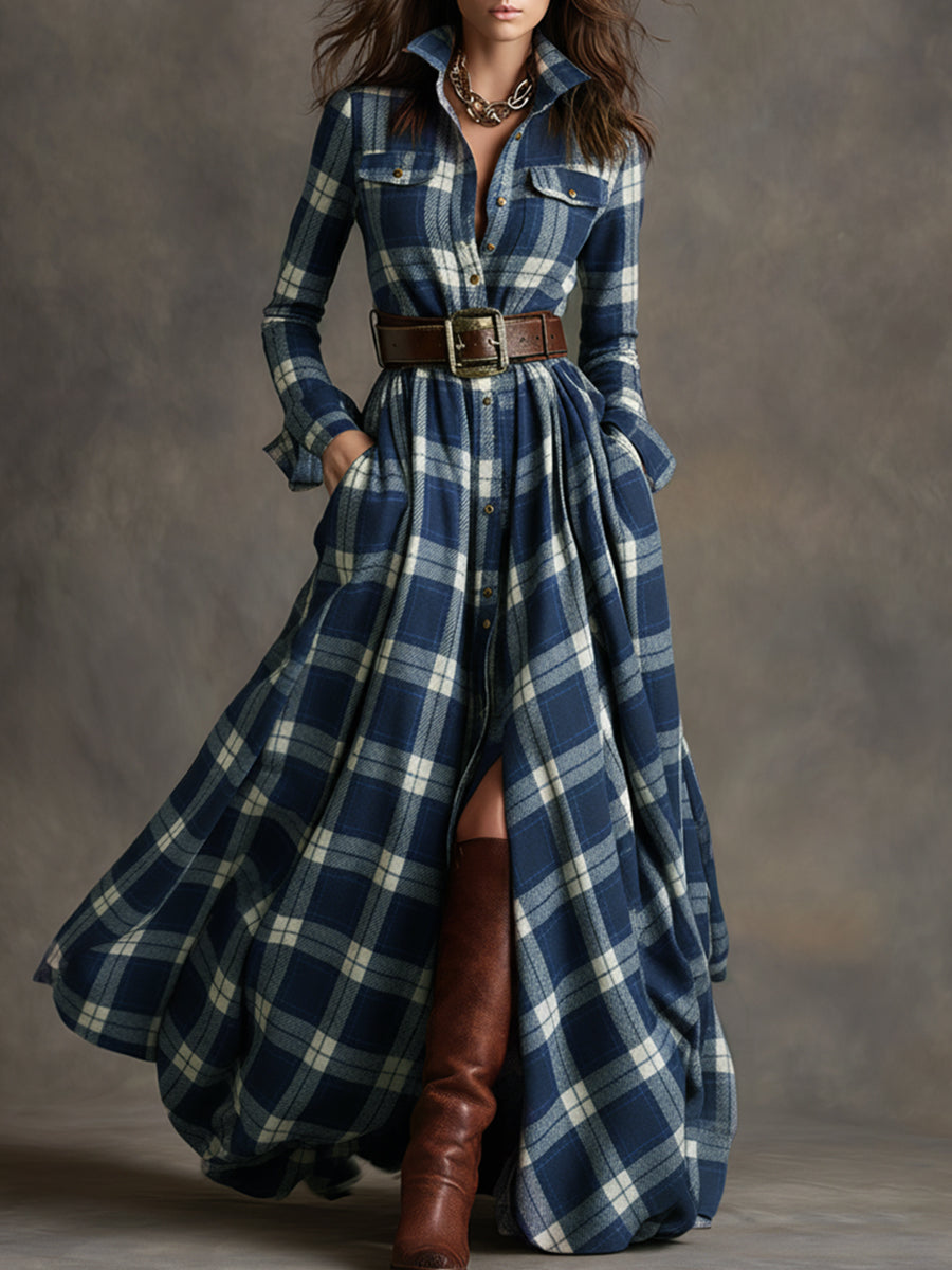 Giulia - Robe longue à carreaux marron-roux de style ethnique rétro avec revers