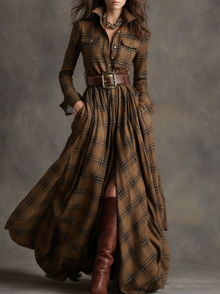 Giulia - Robe longue à carreaux marron-roux de style ethnique rétro avec revers