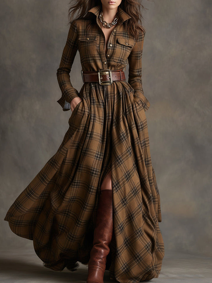 Giulia - Robe longue à carreaux marron-roux de style ethnique rétro avec revers