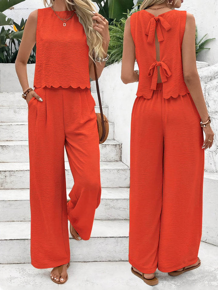 Combinaison Élégante à Pantalon Large – Ensemble Chic Sans Manches avec Dos Noué