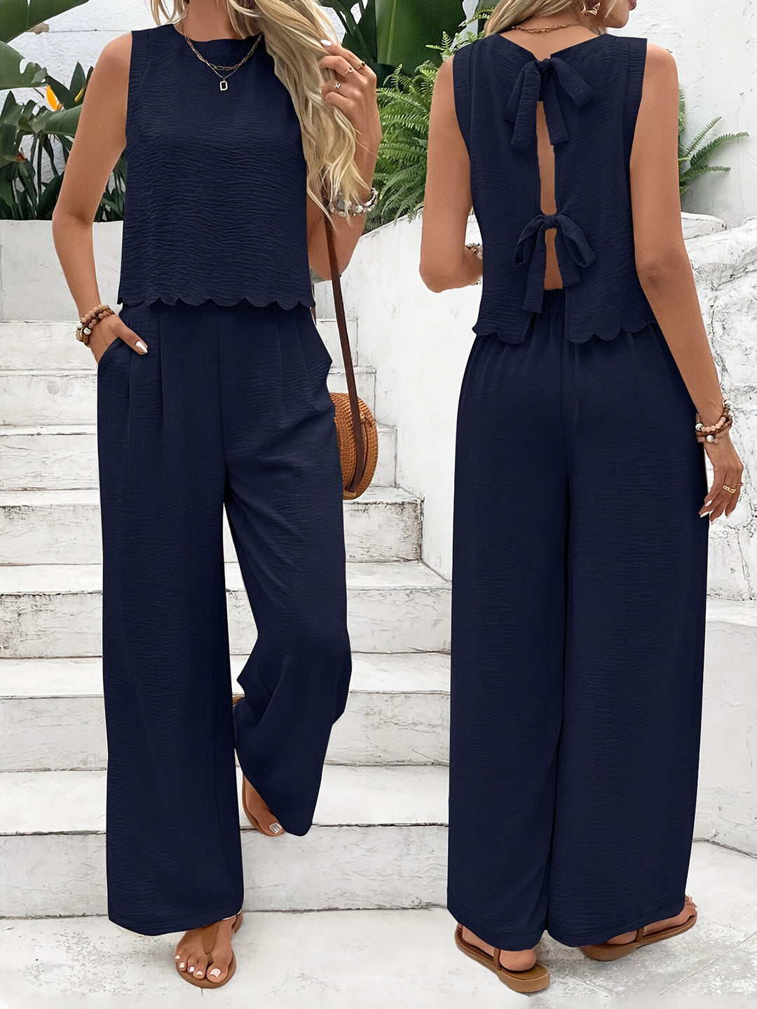Combinaison Élégante à Pantalon Large – Ensemble Chic Sans Manches avec Dos Noué