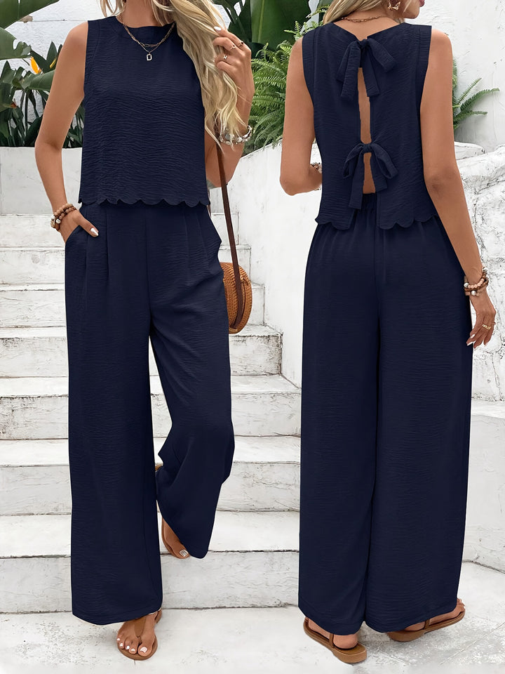 Combinaison Élégante à Pantalon Large – Ensemble Chic Sans Manches avec Dos Noué